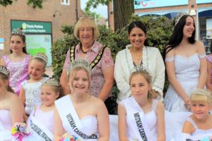 Witham Mayor, Cllr Clare Lager and Priti Patel MP at the Crowning of the Senior Queen of the Witham Carnival, Cailey Hackett and her court.