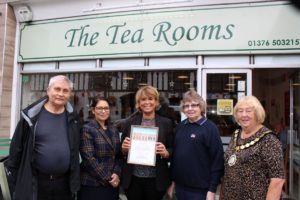 From left, Rod Lane, RNIL, Priti Patel MP, Lisa Jane, Manager of the Tea Rooms, Witham, Mary Stote RNLI Fundraising Group and the Mayor of Witham, Cllr Clare Lager