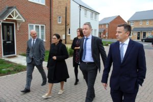 Priti Patel MP on her tour of the Oakwood Meadows site in Stanway. From left: David Jenkinson, CEO of Persimmon, Priti Patel MP, Louise Trail, Head of Sales, Philip Standen, Managing Director, Essex and Martyn Clark, Divisional Director.