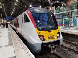 A photograph of the new Bombardier train taken on its arrival at London Liverpool Street is attached.