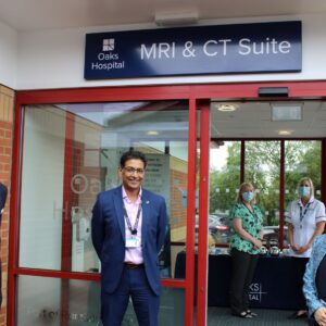 Priti Patel MP with Dr Andy Jones (left) and Professor Tan Arulampalam, Consultant General Surgeon and Oaks Hospital Clinical Governance Chair outside the MRI and CT suite at Oaks Hospital, Colchester.