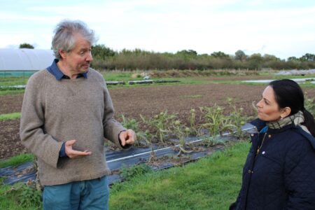 Priti with Lauriston Farm director, Spencer Christy, during her tour on Saturday (30th October).