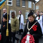 Local MP, Priti Patel and the Mayor of Witham, Cllr Angela Kilmartin lead the way to the War Memorial.