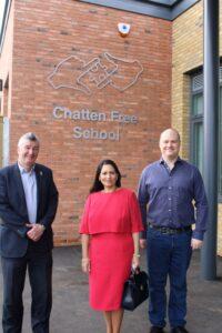 Priti Patel MP with Gary Smith, CEO of Hope Learning Community Trust (left) and Adam Dean, Headteacher at Chatten Free School.