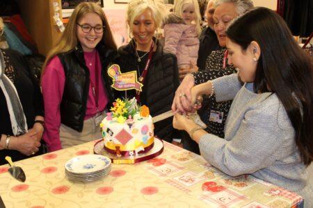 Priti Patel MP and Danielle Gadd cutting the 40th anniversary cake, specially made for the occasion by Danielle’s sister-in-law Michelle Wood.