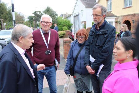 Priti Patel MP with from left; Cllr Lee Scott, Essex County Council and Tiptree Councillors Roger Mannion, Sue Allen-Shepherd and Jonathan Greenwood during their walkabout inspection tour in Church Street, Tiptree.