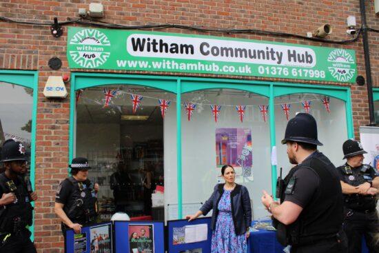 Priti Patel MP, outside the Witham Hub where the knife amnesty was held on Saturday, with from left, PC Aston Scott, PC Marsay-Harris, Sgt Stephen Mugridge and S/Sgt Simon Jesse.