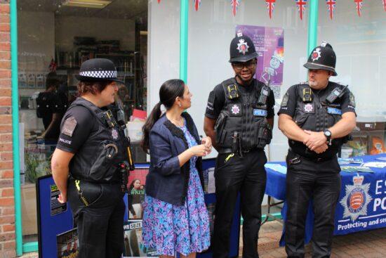 Priti Patel MP with from left PC Marsay-Harris, PC Aston Scott, and Sgt Stephen Mugridge at the Knife Amnesty held at the Witham Hub on Saturday.