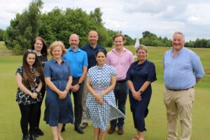 Priti Patel with the team at Rivenhall Oaks Golf Centre. From Left Charlotte Tibaldi - Events Manager, Emily Carr,- Bar Supervisor, Bill Chapman - Centre Manager, Emma Brice – Partner, Craig Campbell - Head Greenkeeper, Oliver Brice – Partner and Melanie Reading - Food and Beverage Manager, alongside Simon Brice - Founder
