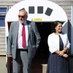 Cllr Tony Ball, Essex County Council’s cabinet member for Education, with Priti Patel at Powers Hall Academy’s special Assembly for Get Witham Reading Day.